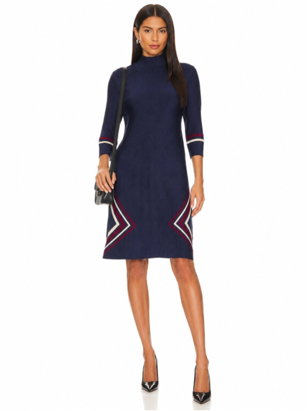 Navy Knit Mock-Neck A-Line Dress with Striped Chevron Detail
